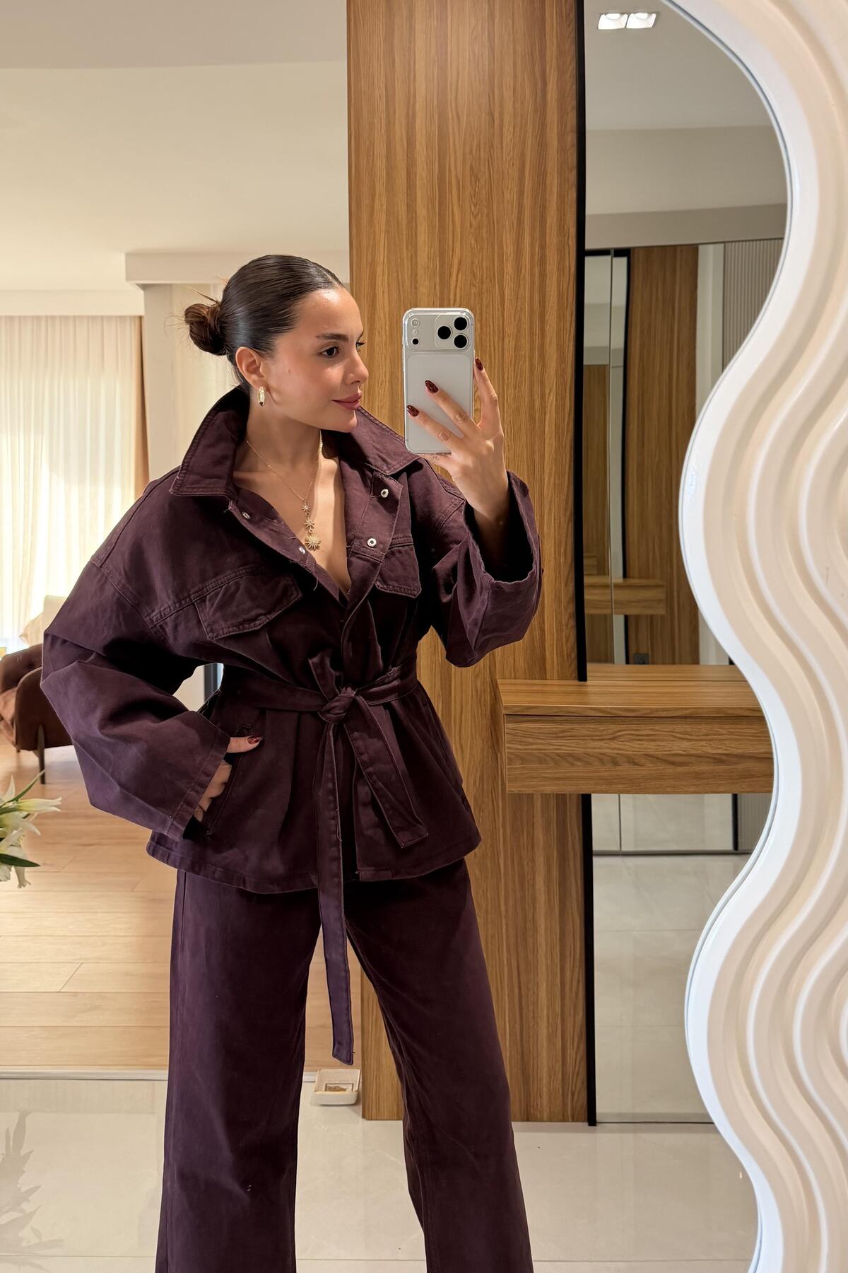 GIZEM ECEMIS Callow Burgundy Belted Denim Set