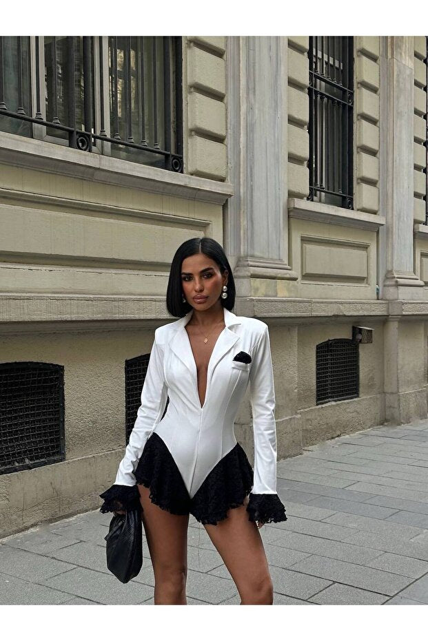 Women's White Padded Lace Shorts Jumpsuit - Side view
