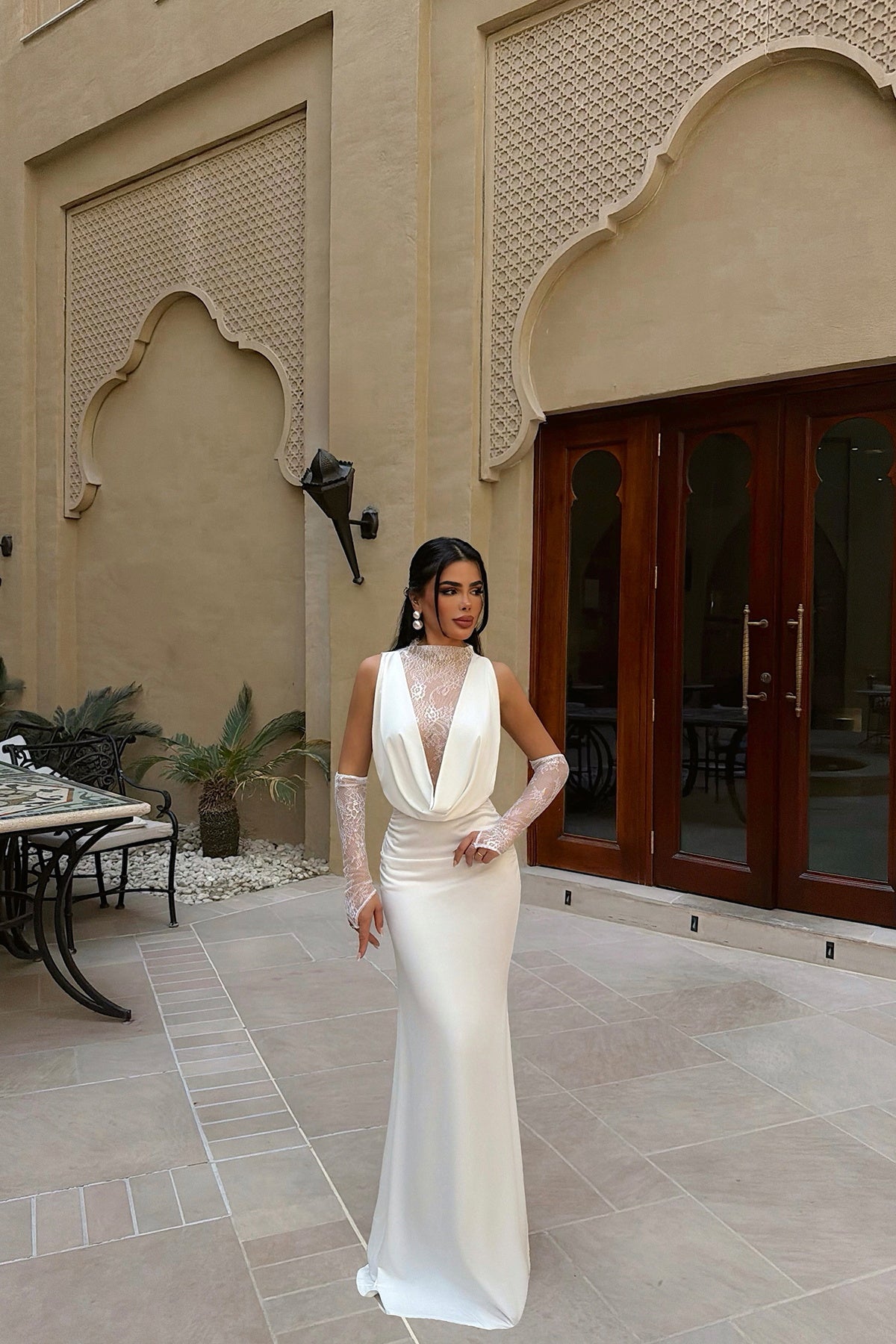 "Palisades" Lace Off-Shoulder Long Sleeve Evening Dress with Gloves - White